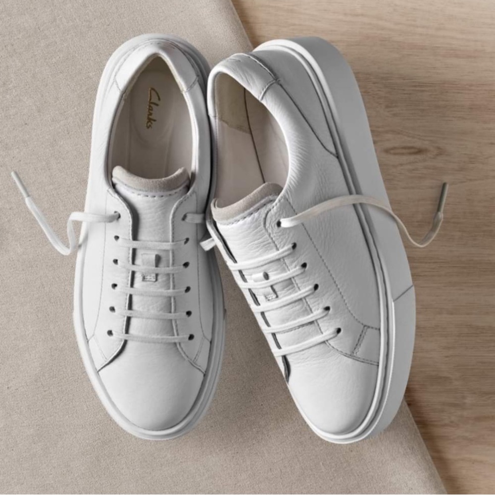 Clarks White Leather Platform-Style Sneakers